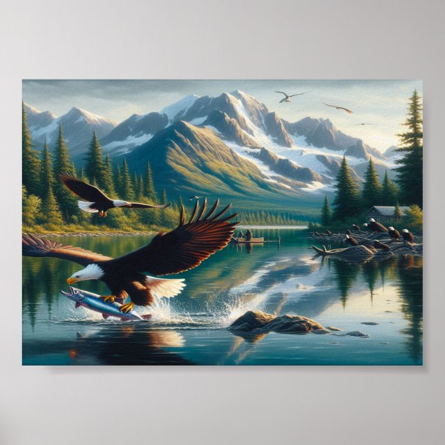 Affiche Pêche majestueuse d'aigle capturé au lever du sole (Devant)