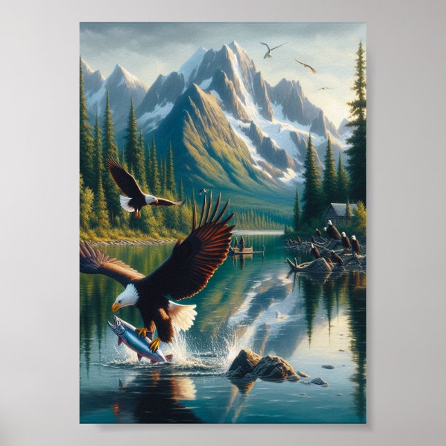 Affiche Pêche majestueuse d'aigle capturé au lever du sole (Devant)