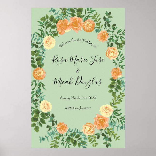 Affiche Pêche Mariage vert Printemps Pastel Floral (Devant)