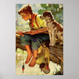 Affiche Pêche vintage, Garçon avec son chiot et vers