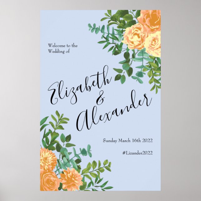 Affiche Pêcher bleu clair Mariage Roses Floral (Devant)