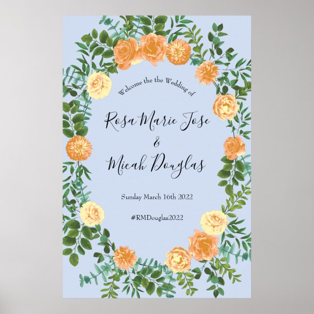 Affiche Pêcher bleu clair Mariage Roses Floral (Devant)