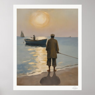Affiche Pêcheur de l'heure dorée en mer Peinture à l'huile