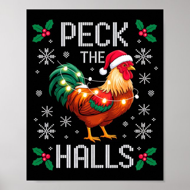 Affiche Peck The Halls Chicken Christmas Lights Snowflakes (Devant)