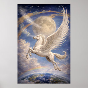 Affiche Pégase volant entre la Terre et la Lune, art fanta