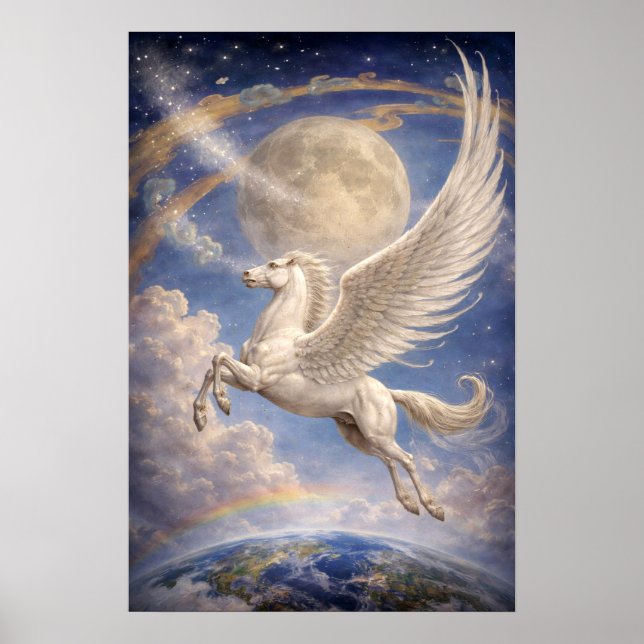 Affiche Pegasus Flying Between Earth And Moon Fantasy Art (Devant)