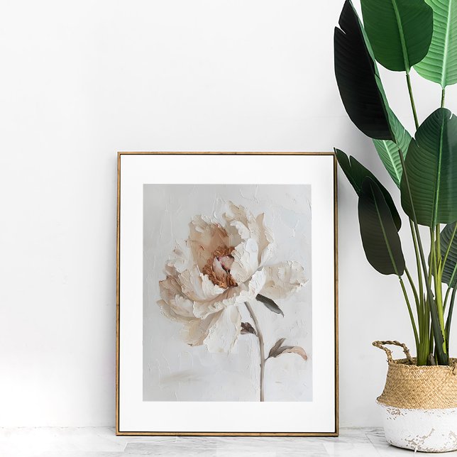 Affiche Peine de pivoine blanche romantique Peinture mural (Romantic White Peony Painting Aesthetic Wall Art next to a large plant.)