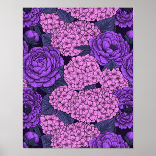 Affiche Peine et hydrangée en rose et violet