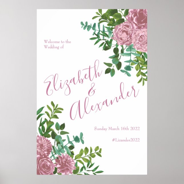 Affiche Peine rose pâle et Mariage Rose Floral (Devant)