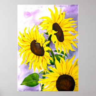 Affiche peint à la main 3 tournesols jaunes aquarelle