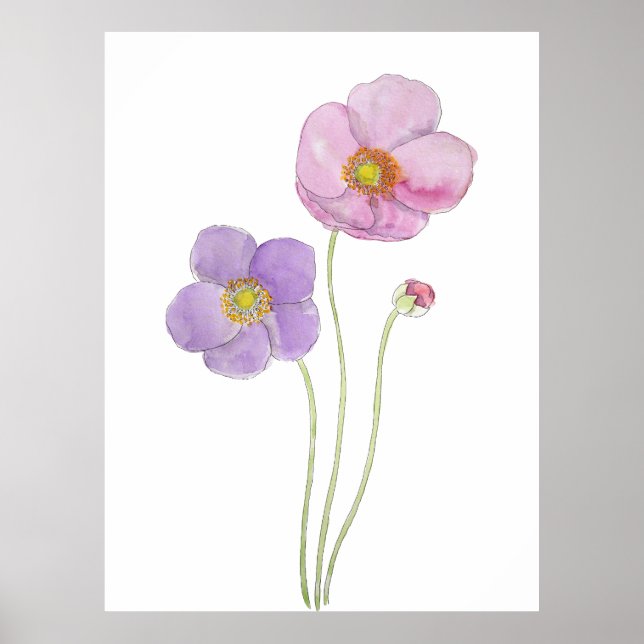 Affiche peint à la main de rose et de violet cosmos fleurs (Devant)