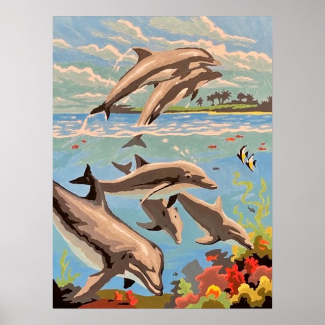 Affiche Peint à la main par numéros | Dauphins joueurs | (Devant)