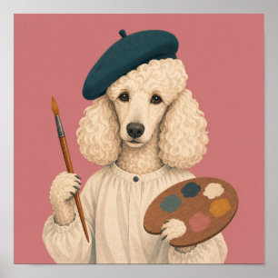 Affiche Peintre Caniche portant un béret avec pinceau et p