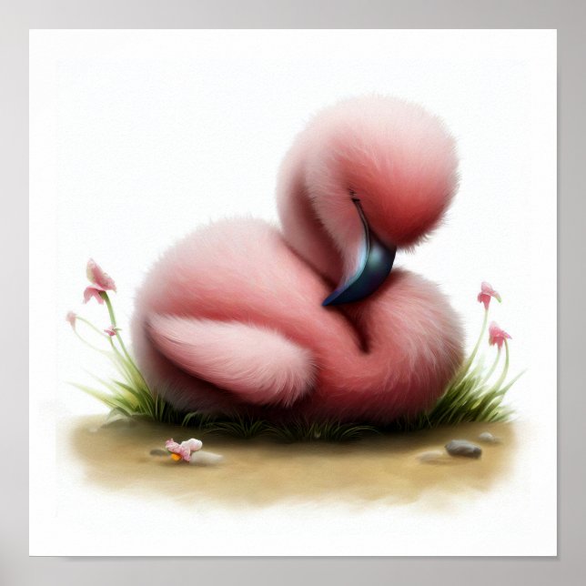 Affiche Peinture 3D aquarelle d'un Flamant rose mignon (Devant)