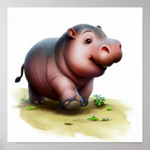 Affiche Peinture 3D Aquarelle d'un Hippopotame mignon