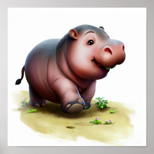 Affiche Peinture 3D Aquarelle d'un Hippopotame mignon (Devant)