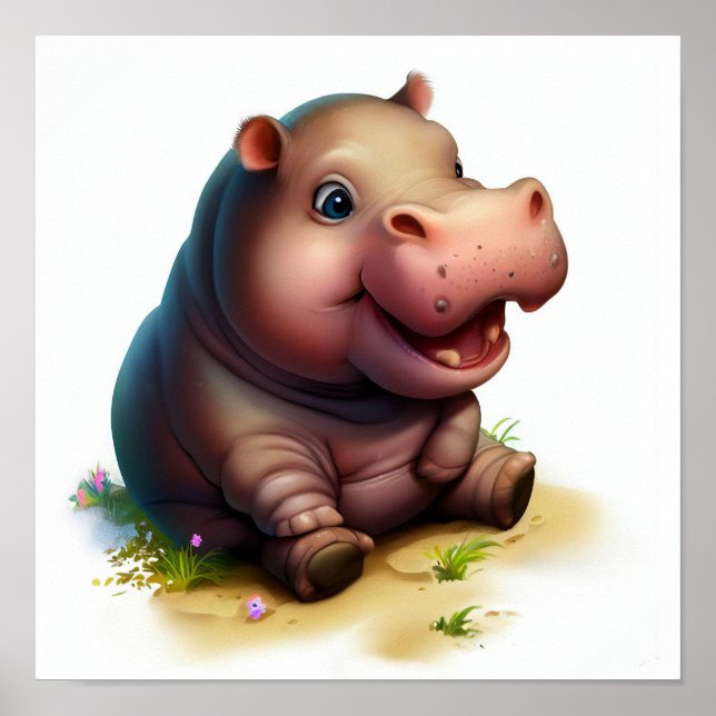 Affiche Peinture 3D Aquarelle d'un Hippopotame mignon (Devant)