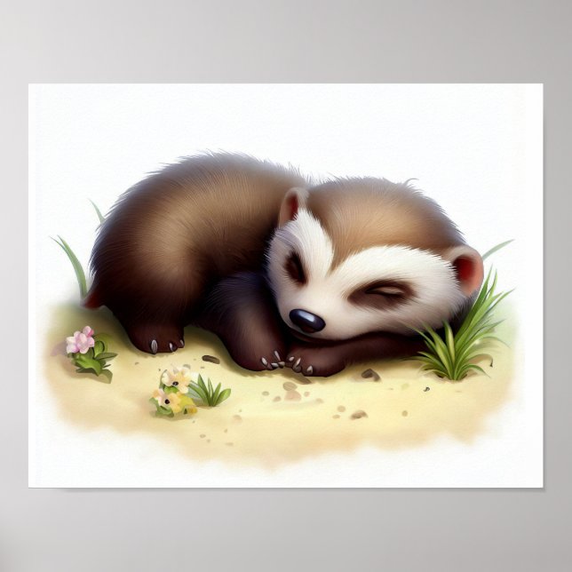 Affiche Peinture 3D d'aquarelle d'un mignon blaireau de mi (Devant)