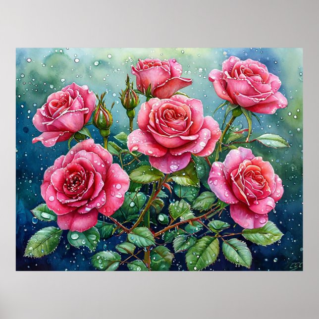 Affiche Peinture à l'aquarelle de roses roses avec gouttes (Devant)
