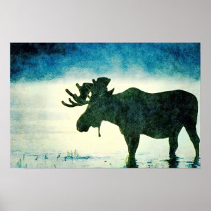 Affiche Peinture à l'aquarelle en silhouette d'orignal