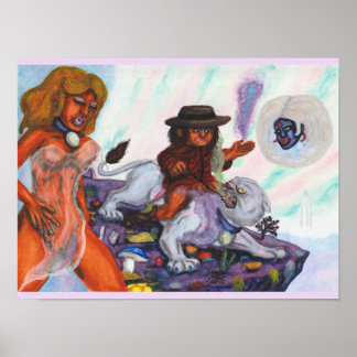 Affiche Peinture à l'aquarelle Éros chevauche la lionne Au