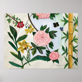 Affiche PEINTURE À L'AQUARELLE - Fleurs et Papillons