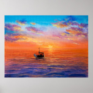 Affiche Peinture à l'huile abstraite de bateau de pêche et
