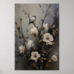 Affiche Peinture à l'huile antique d'arbres d'oiseaux, Vin