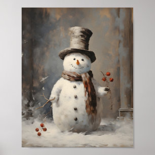 Affiche Peinture À L'Huile Antique D'Un Snowman Portant Un