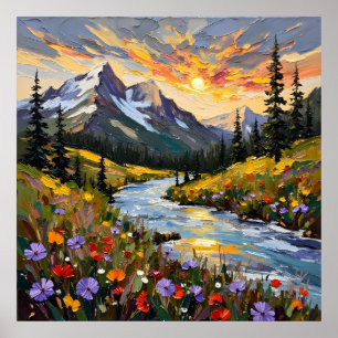 Affiche Peinture à l'huile Carré de Sunrise Mountain Vibra