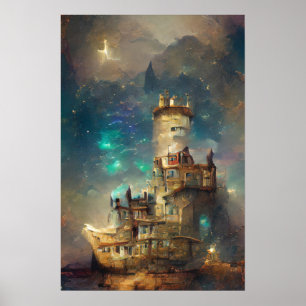 Affiche Peinture à l'huile Château, Château dans la nuit é