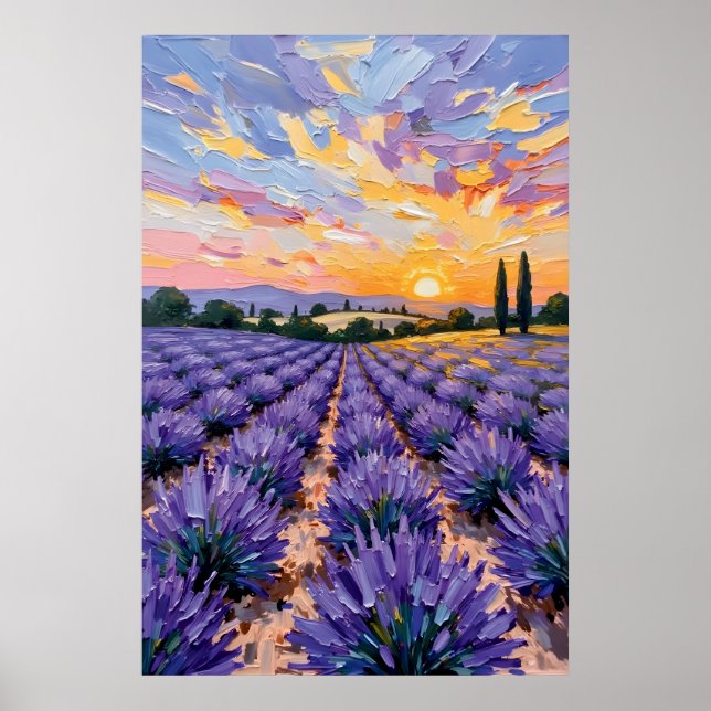 Affiche Peinture à l'huile Coucher de soleil sur champ de  (Devant)