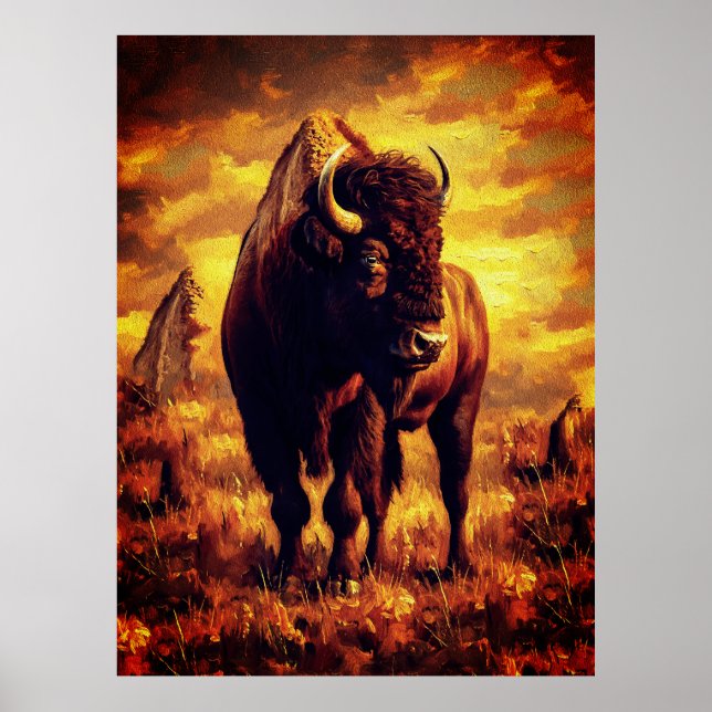 Affiche Peinture à l'huile de bison majestueux – Coucher d (Devant)