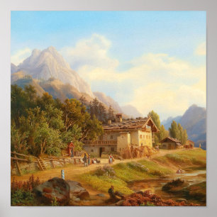 Affiche Peinture à l'huile de chalet alpin vintage