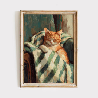 Affiche Peinture à l'huile de chat roux endormi cosy