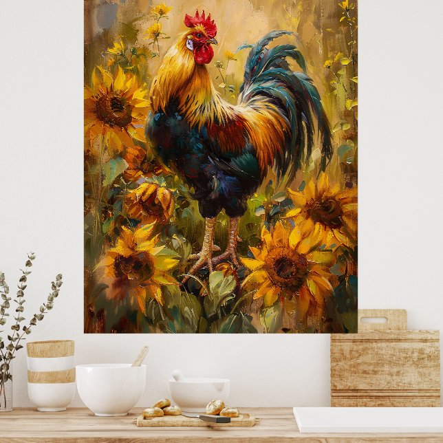 Affiche Peinture à l'huile de coq et de tournesol (Cuisine)