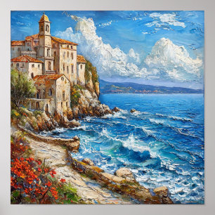 Affiche 🌊 Peinture à l'huile de cottage au bord de la mer