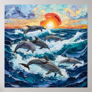 Affiche Peinture à l'huile de dauphins sur paysage marin a
