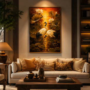 Affiche Peinture à l'huile de grues Lotus Amour & Paix Asi