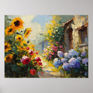 Affiche Peinture à l'huile de jardin de cottage d'été vibr