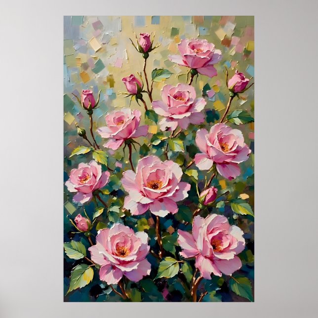 Affiche Peinture à l'huile de jardin de roses roses (Devant)