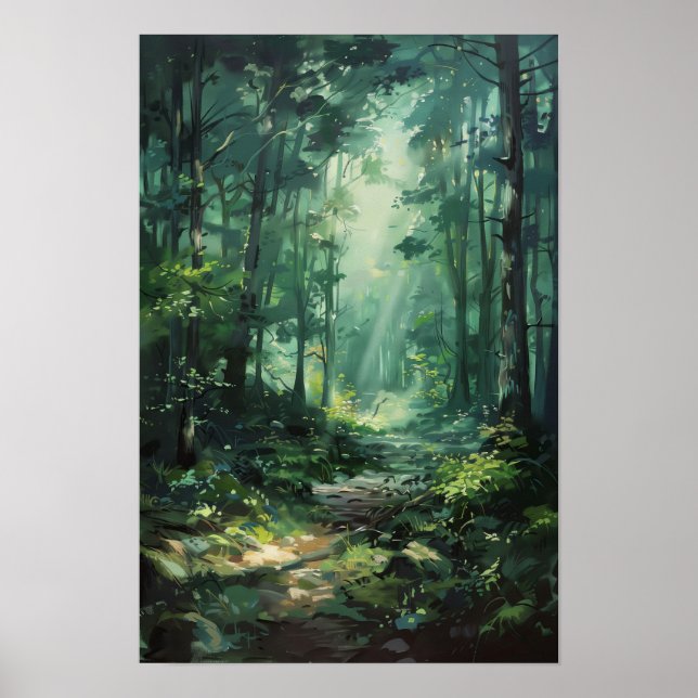 Affiche Peinture à l'huile de la forêt verte luxuriante Na (Devant)