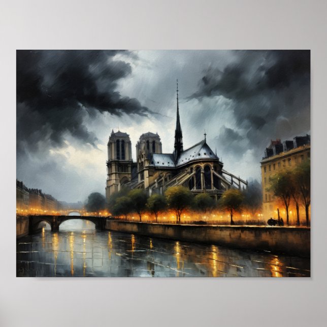 Affiche Peinture à l'huile de Notre Dame de Paris la nuit (Devant)