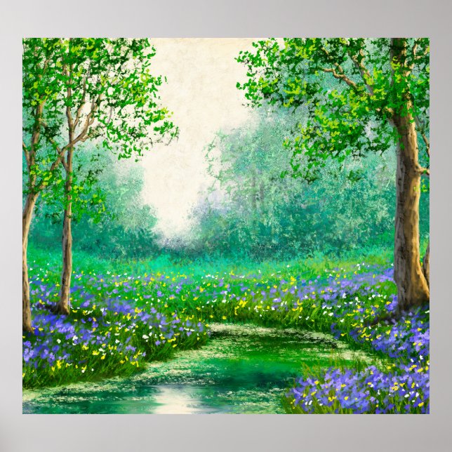 Affiche Peinture à l'huile de paysage de printemps, forêt. (Devant)