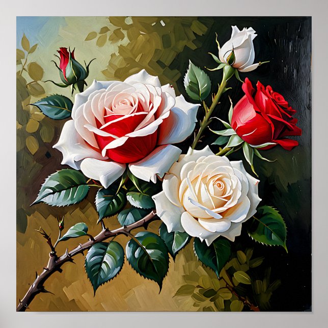 Affiche Peinture à l'huile de roses roses blanches rouges  (Devant)