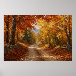 Affiche Peinture à l'huile de route de forêt automnale