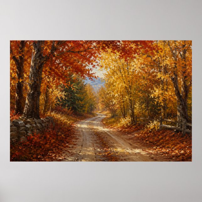 Affiche Peinture à l'huile de route de forêt automnale (Devant)