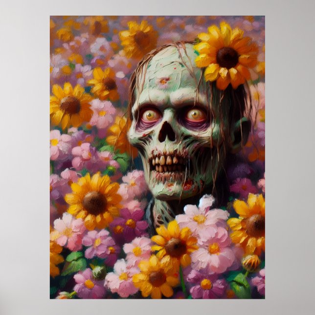Affiche Peinture à l'huile de Zombie dans le champ de fleu (Devant)