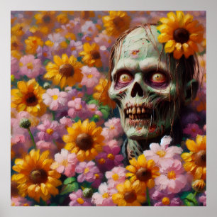 Affiche Peinture à l'huile de Zombie dans le champ de fleu