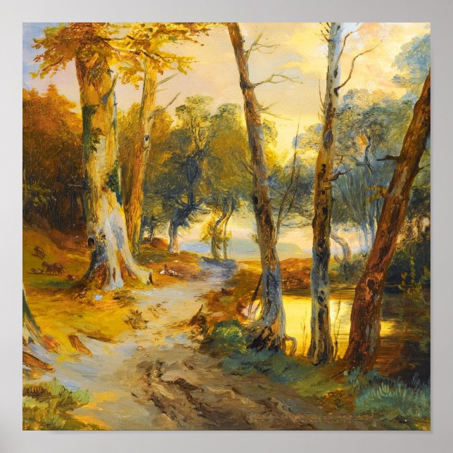 Affiche Peinture à l'huile dorée d'arbres forestiers vinta (Devant)